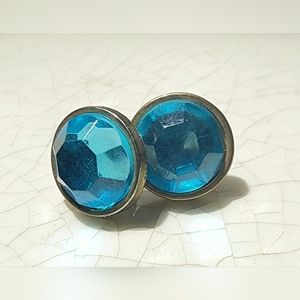 Small faceted blue beaded stud earrings, minimalist, reserved, contemporary